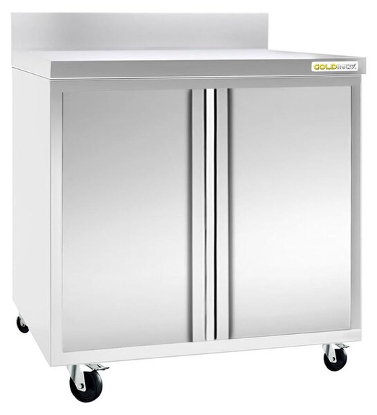 Nízká skříňka z nerezové oceli, rozměry 800 x 700 mm, s podvozkem a bez zadové stěny, řada PREMIUM - GOLDINOX