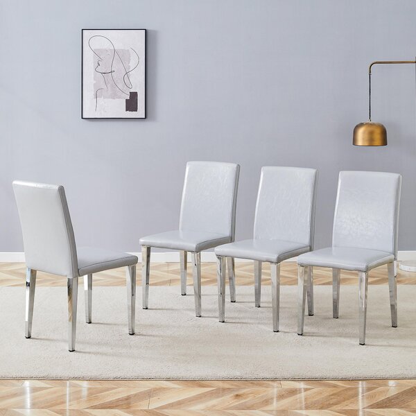 Sada čtyř jídelních židlí, minimalistický design, potah z umělé kůže (PU), kovové nohy (světle šedá, stříbrná)