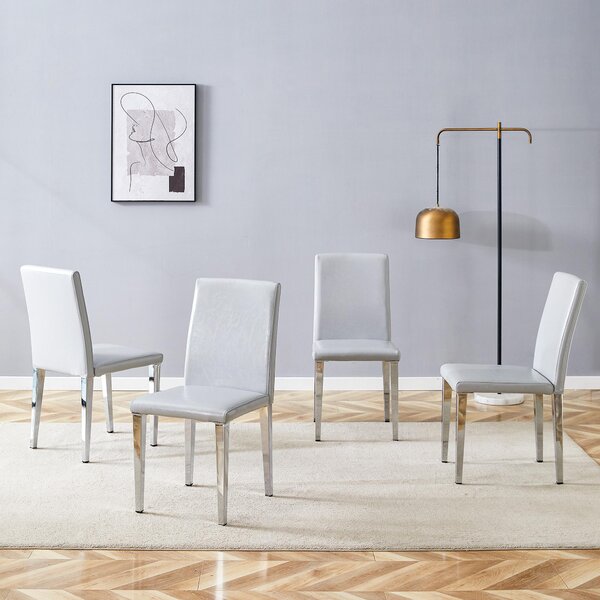 Sada čtyř jídelních židlí, minimalistický design, potah z umělé kůže (PU), kovové nohy (světle šedá, stříbrná)