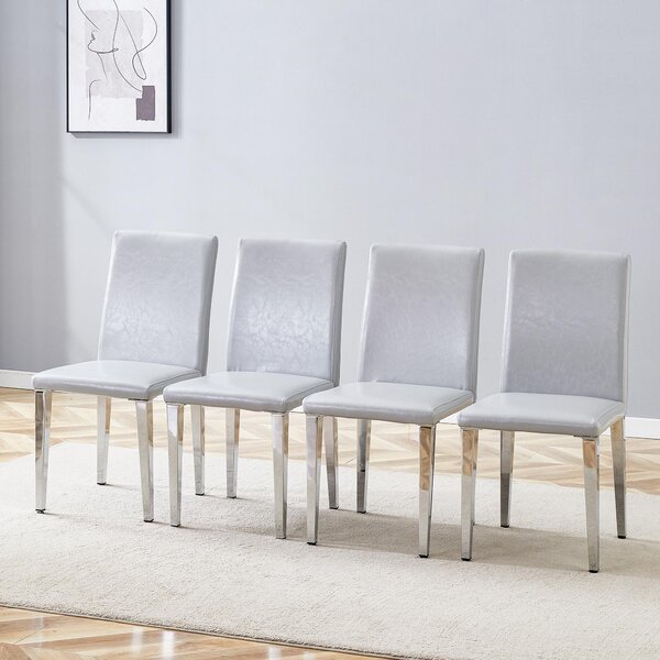 Sada čtyř jídelních židlí, minimalistický design, potah z umělé kůže (PU), kovové nohy (světle šedá, stříbrná)