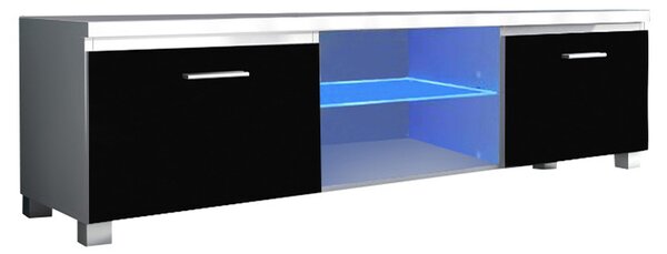 TV stolek s LED osvětlením LUGO 2 — 150x40x37, bílá/černá extra vysoký lesk HG
