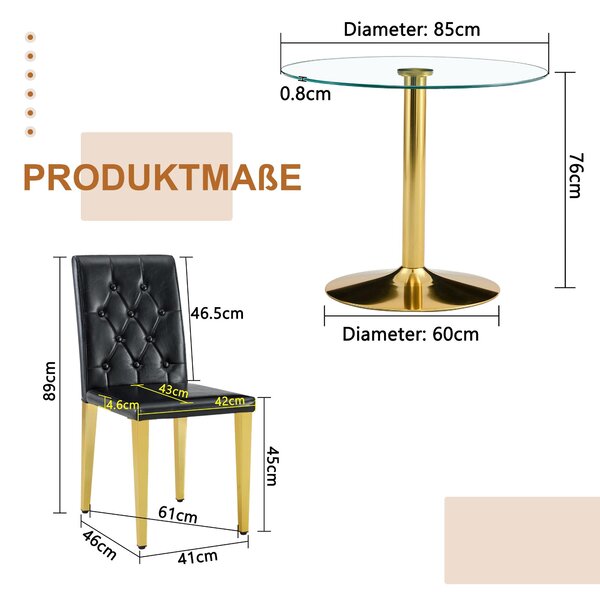 Sada stolku a židlí, skleněný stolek o průměru 85 cm, kovová podnož, 4 jídelní židle (černá + zlatá, průhledné)