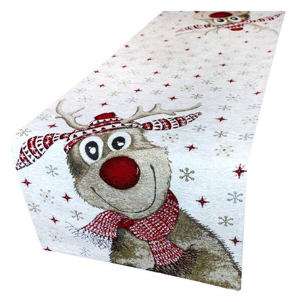 Vánoční gobelínový běhoun na stůl s veselým motivem soba Chenille IT031 Barva Béžová Rozměry 40x130 cm