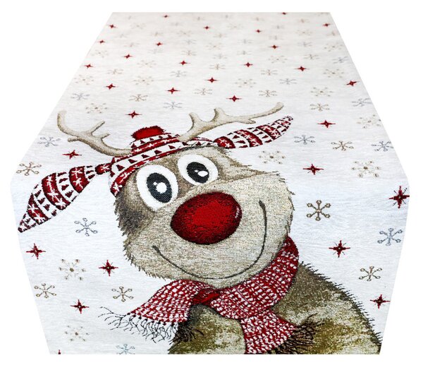 Vánoční gobelínový běhoun na stůl s veselým motivem soba Chenille IT031 Barva Béžová Rozměry 40x130 cm