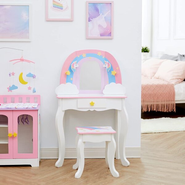 Kosmetický stolek Teamson Kids, dřevěný, pro děti – set stolu a židle – růžová/duhová barva | Zrcadlo s rámem ve tvaru duhy, úložný prostor ve tvaru oblaků