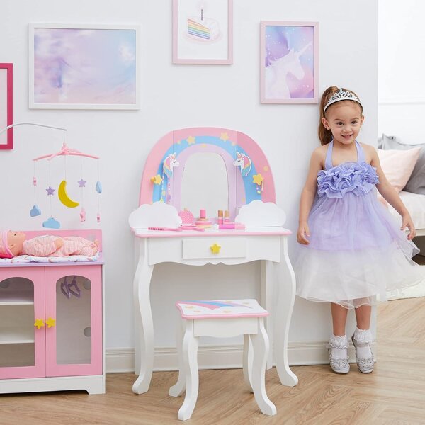 Kosmetický stolek Teamson Kids, dřevěný, pro děti – set stolu a židle – růžová/duhová barva | Zrcadlo s rámem ve tvaru duhy, úložný prostor ve tvaru oblaků