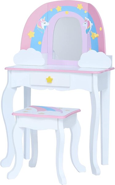 Kosmetický stolek Teamson Kids, dřevěný, pro děti – set stolu a židle – růžová/duhová barva | Zrcadlo s rámem ve tvaru duhy, úložný prostor ve tvaru oblaků