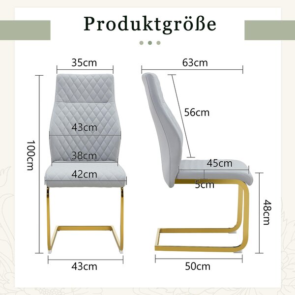 Sada dvou jídelních židlí, vzor diamantů, vysoké opěradlo, polstrování sedáku, kovový rám, protiskluzové, odolné (zlatá barva, světle šedá)