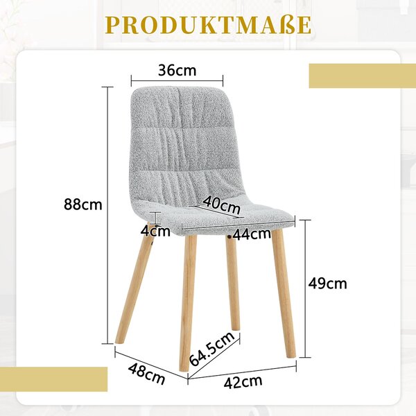 Sada dvou jídelních židlí, s prošívaným sedákem, masivní dřevěné nohy, potah z textilu, výška 88 cm, skandinávský styl (světlě šedá, dřevo)