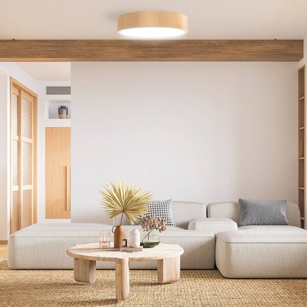 TEMAR LIGHTING Stropní světlo Cleo DR800, borové dřevo, Ø 80 cm, 6-ramenné, E27, stmívatelný, Světlé dřevo, Obývací pokoj / jídelna, Dřevo, Moderní