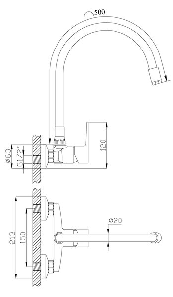 Invena Verso, nástěnná kuchyňská baterie 150mm s elastickým ramenem, černá matná, INV-BC-82-E44-L