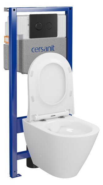 Cersanit City, System50 PNEU podomítkový rám + závěsná wc mísa City Oval CleanOn + černé tlačítko Circle, S701-763