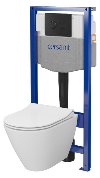 Cersanit City, System50 PNEU podomítkový rám + závěsná wc mísa City Oval CleanOn + černé tlačítko Circle, S701-763