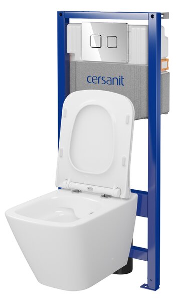 Cersanit City, System50 PNEU podomítkový rám + závěsná wc mísa City Square CleanOn + chromové tlačítko Circle, S701-776