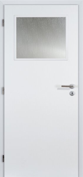 Interiérové dveře Doornite sklo 1/3 - bílý lak BASIC, sklo kůra čirá, levé "90", zámek pro BB, voština