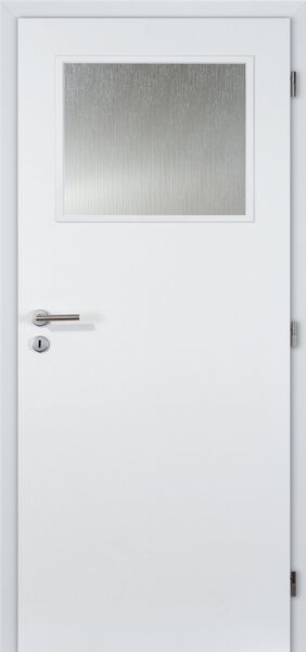 Interiérové dveře Doornite sklo 1/3 - bílý lak BASIC, sklo kůra čirá, pravé "90", zámek pro BB, voština