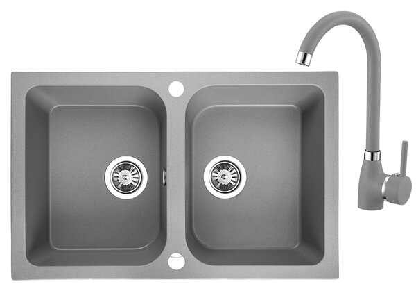 Laveo Celia, 2-komorový granitový dřez 760x480x184 mm + dřezová baterie s výlevkou ve tvaru U, šedá, LAV-SBCE520T