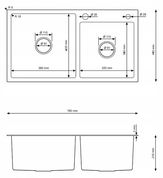 Erga HD, 1-komorový ocelový dřez 780x450x210 mm, zlatá, ERG-MLS-HD7845G