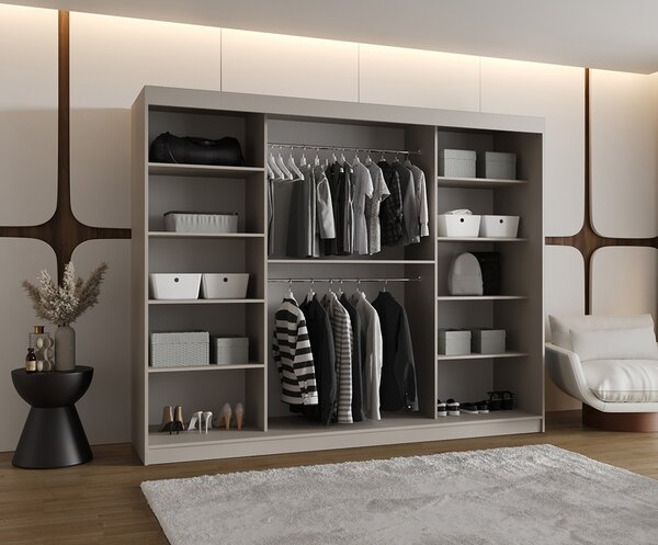 Šatní skřín s posuvnými dveřmi a zrcadlem ULTRA 250cm kašmírová