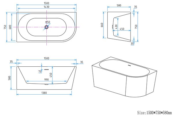 Erga Zara, rohová volně stojící vana 150x75 cm + odtoková zátka, levá, bílá lesklá, ERG-Zara-150075L-WH-WH