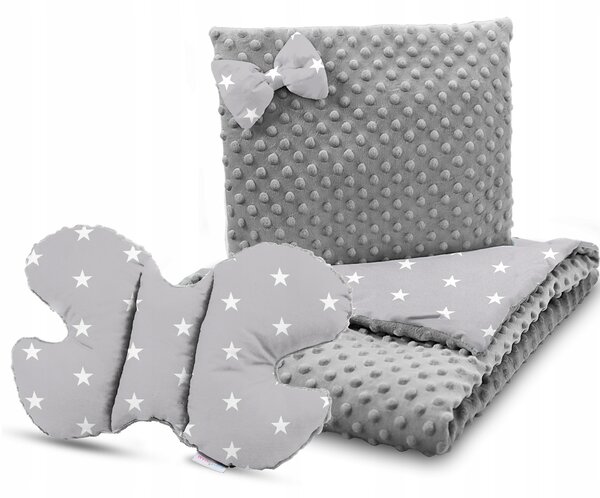 Dětská deka do kočárku s polštářkem a motýlkem - PREMIUM set 3v1 - Bílé hvězdičky s šedou minky