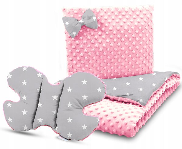 Dětská deka do kočárku s polštářkem a motýlkem - PREMIUM set 3v1 - Bílé hvězdičky s růžovou minky