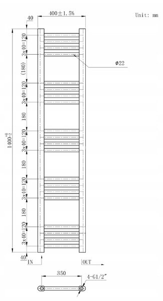 Gamma Erga Basic, topné těleso 1400x400 mm, 464 W, černá, ERG-LAV-BASIC-14040-BK