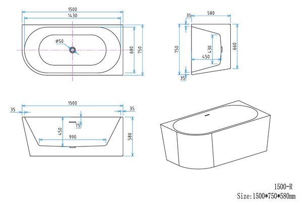 Erga Zara, rohová volně stojící vana 150x75 cm + odtoková zátka, pravá, bílá lesklá, ERG-Zara-150075R-WH-WH