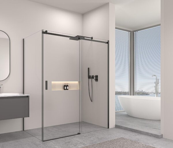 Erga Lynn, sprchový kout s posuvnými dveřmi 90(dveře) x 80(stěna) x 195 cm, 8mm čiré sklo, černý profil, ERG-V02-LYNN-D090G080-CL-BK