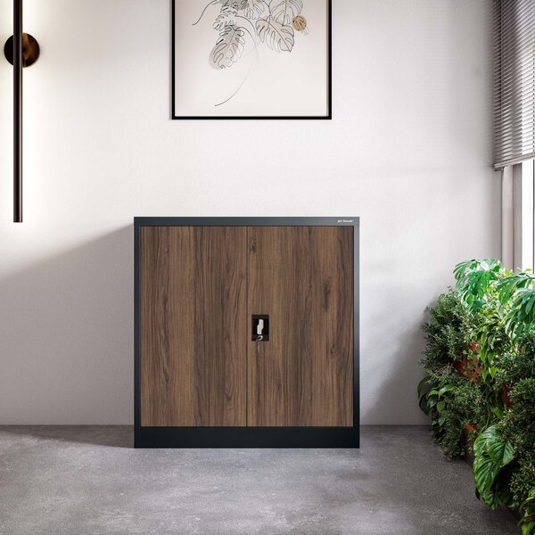 Plechová skřínka s policemi BEATA, 900 x 930 x 400 mm, Eco Design: antracitová/ ořech