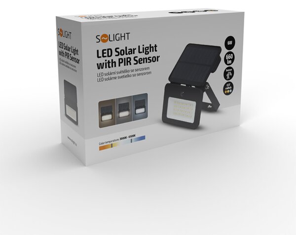Solight LED solární reflektor se senzorem, 6W, 660lm, 3CCT, Li-Ion, černá WL913