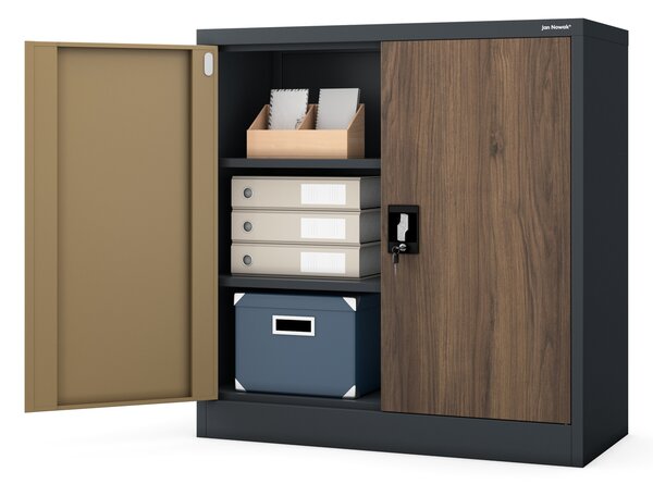 Plechová skřínka s policemi BEATA, 900 x 930 x 400 mm, Eco Design: antracitová/ ořech