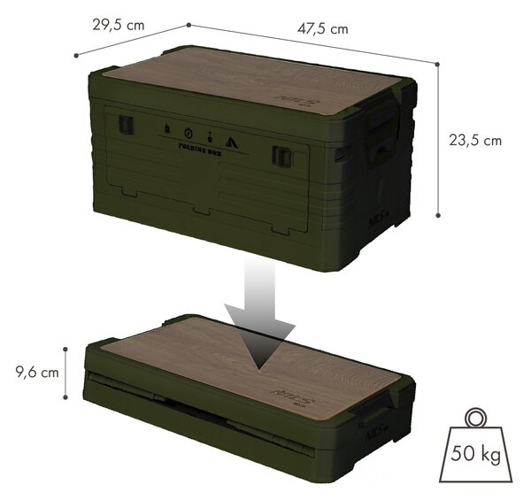 NCB4002 ZELENÝ SKLÁDACÍ BOX S VÍKEM A DŘEVĚNOU DESKOU 2V1 32L NILS CAMP