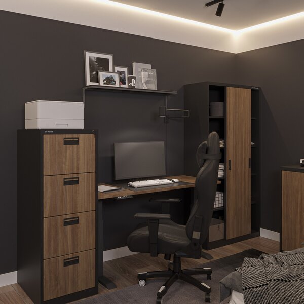 Plechová kartotéka, 4 zásuvky SARA V4, 460 x 1320 x 620 mm, Eco Design: antracitová/ ořech