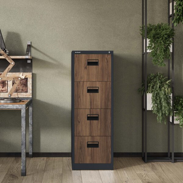 Plechová kartotéka, 4 zásuvky SARA V4, 460 x 1320 x 620 mm, Eco Design: antracitová/ ořech