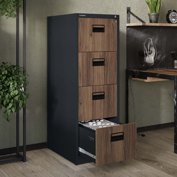 Plechová kartotéka, 4 zásuvky SARA V4, 460 x 1320 x 620 mm, Eco Design: antracitová/ ořech