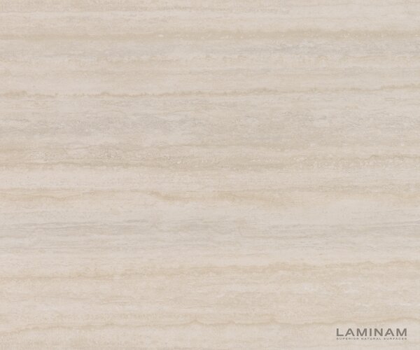 DELIFE TV stolek Cuor 220 cm keramika Laminam® Travertino Bianco krémově bílá 1 výklopná dvířka 2 zásuvky podnož závěsná nerezová ocel