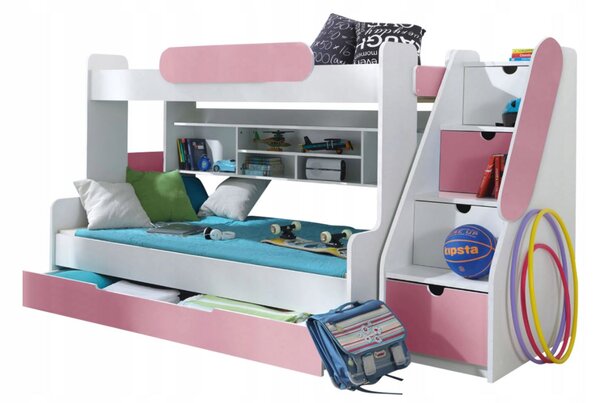 Dětská patrová postel s rozšířeným spodním lůžkem a šuplíkem SEGAN bílo-růžová - 200x90/120 cm