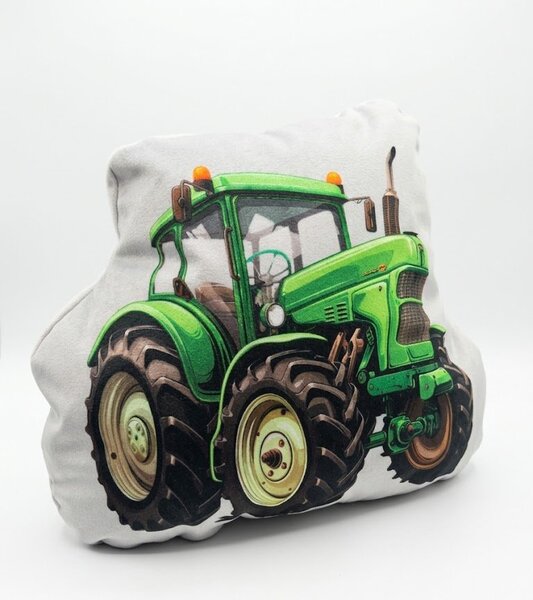 Malý 3D tvarovaný polštářek „Zelený Traktor“ – hebký velur, výška 20 cm
