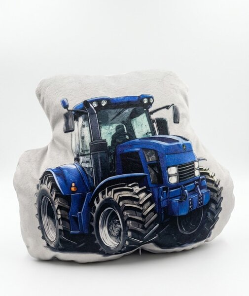 Malý 3D tvarovaný polštářek „Modrý Traktor“ – hebký velur, výška 20 cm