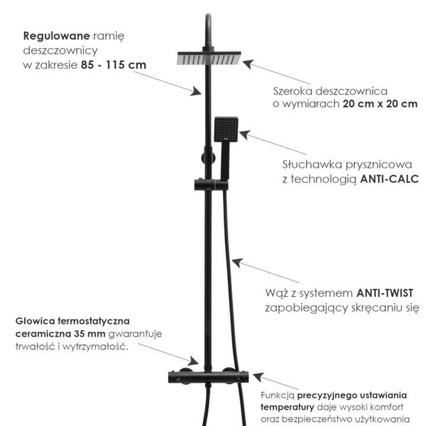 Erga Flova, sprchová souprava s termostatickou baterií a dešťovou hlavicí 20x20cm, černá matná, ERG-YKA-BP.FLOVA THERM 20 BLK