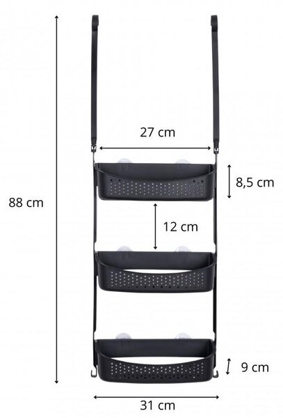 Erga Wiki, koupelnový koš, závěsný organizér 31x88 cm s přísavkami, 3řadý, černá matná, ERG-YKA-CH.WIKI-3-BLK