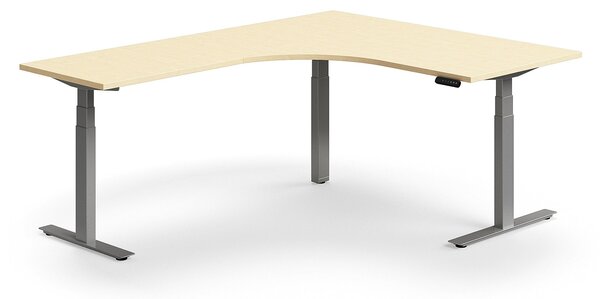 AJ Produkty Výškově nastavitelný stůl QBUS, rohový, 1600x2000 mm, stříbrná podnož, bříza
