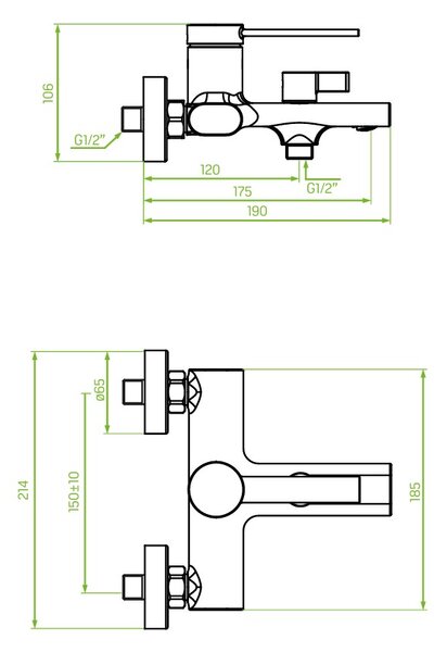 Laveo Pinar, nástěnná vanová baterie bez sprchové soupravy 150mm, černá matná, LAV-BAW_710D