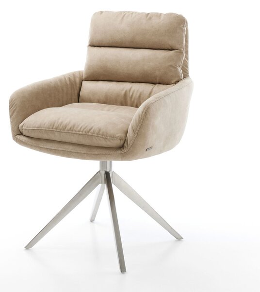 DELIFE Jídelní židle Abelia-Flex s područkami mikrovlákno béžová vintage křížová podnož široká nerezová ocel 360° otočná houpací funkce