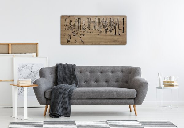 "Jelen a myslivec" světelný obraz s baterií 110x50cm varianta ovládání: manuál/pohybové čidlo, provedení povrchu: dub světlý