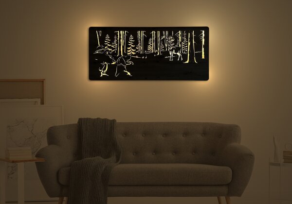 "Jelen a myslivec" světelný obraz s baterií 110x50cm varianta ovládání: manuál/pohybové čidlo, provedení povrchu: dub světlý