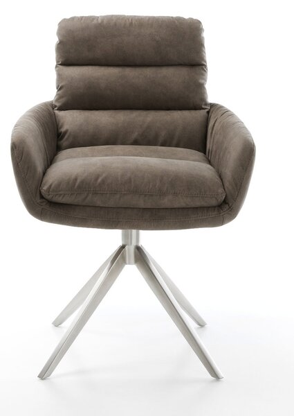 DELIFE Jídelní židle Abelia-Flex s područkami mikrovlákno taupe vintage křížová podnož široká nerezová ocel 360° otočná houpací funkce