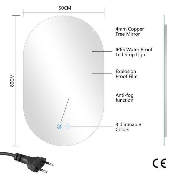 Erga Dalia, oválné LED zrcadlo 50x80cm, 3 barvy světla, zadní osvětlení, vyhřívací podložka proti zapaření, ERG-V01-Dalia-5080-CL