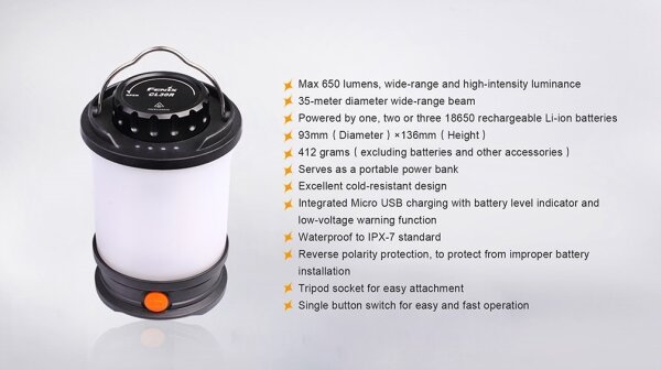 Fenix CL30R - LED Přenosná nabíjecí lampa LED/USB IPX7 650 lm 300 h